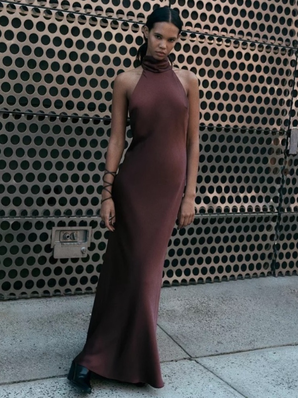 Zara Satin Halter Maxi Dress in Deep Plum